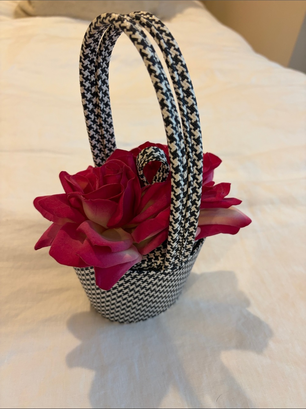 Lulu Guinness Black & White Houndstooth Mini Basket Handbag with Pink Accents